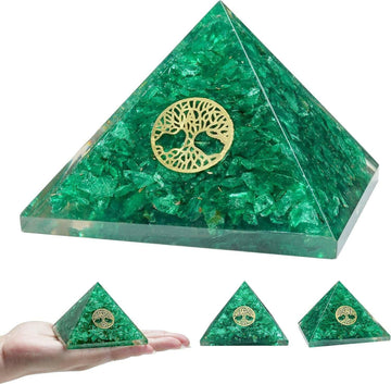 Green Onyx Orgone Pyramid with Tree of Life symbol, 2.5-inch handmade healing stone for chakra, Reiki, and Feng Shui.
